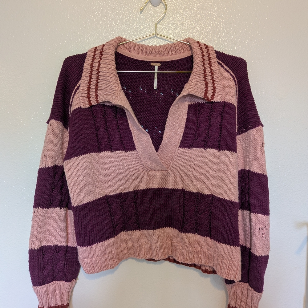 Striped V-Neck Pullover Sweater in Dusty Rose & Plum